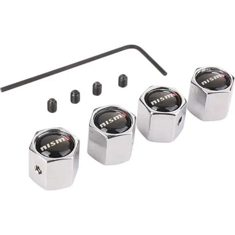 (Argent) Lot de 4 bouchons de valve de pneu avec logo sport automobile, en acier inoxydable, compatibles avec les accessoires de style NISMO. (1/4)