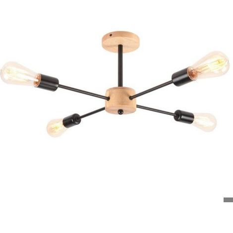 Plafonnier Industriel 4 têtes - Vintage Luminaire en Métal et Bois - Rétro Lustre Plafonnier pour Salon Cuisine Bar (1/5)