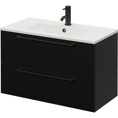 Napoli 390 Matt Black 800mm Wall Mounted 2 Drawer Vanity Unit with Angel Basin - 800mm - Matt Black 480mm Handle