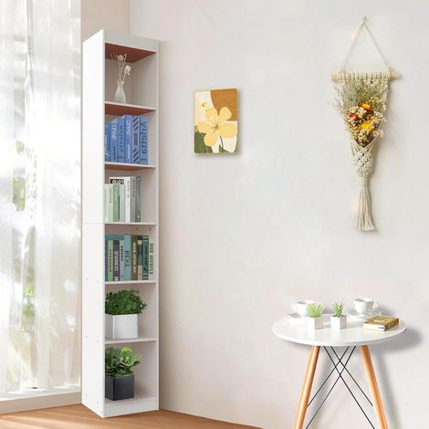 6-stöckiges Weißes Eckregal, Freistehendes Corner Shelf, Rechteckiges Offenes Bücherregal, 180 cm Hohes Holzernes Standregal für Wohnzimmer, Schlafzimmer und Arbeitszimmer (1/5)