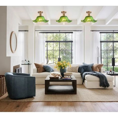 Lot de 3 Moderne Plafonnier en Verre,25cm Lampe de Plafond Vintage Style Nordique Lustre Retro Abat-jour Design Fleurs,Vert (1/5)