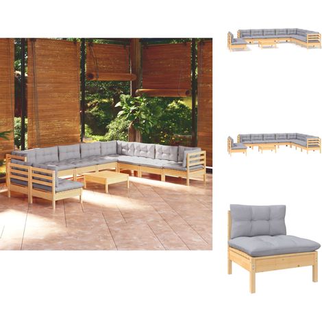 Gartenmöbel-Sets - Living 11-tlg. Garten-Lounge-Set mit Grauen Kissen Massivholz Kiefer (1/5)