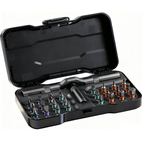 Tournevis à cliquet 24 en 1 - Kit tournevis magnétique de précision avec 24 embouts, poignée en aluminium amovible, outils de réparation pour meubles, bricolage, PC - Compact et portable