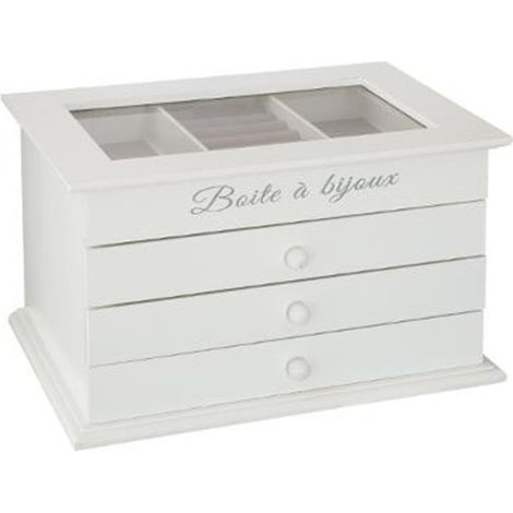 Atmosphera – Boîte à bijoux vitrée 3 tiroirs 25cm – MDF, velours et verre – Design élégant pour rangement optimal – Couleur blanche