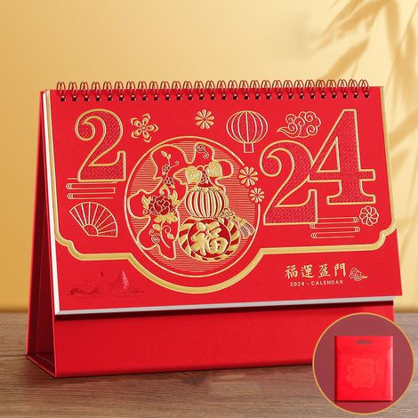 Wandkalender 2024, Neujahrsdrache, kreatives perforiertes Kalenderdesign mit „Glücksbringer“-Tragetasche, Chinesischrot, Goldfolie, Spezialdruck. (1/5)