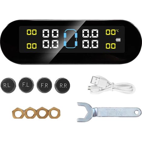 Système de surveillance de la pression des pneus TPMS (4 roues) avec alimentation solaire et charge USB, écran LCD, dispositif d'alarme de sécurité automobile (externe). (1/5)