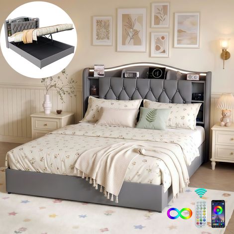 Lit Coffre Double 160x200 cm Velours, Lit Adulte/Ado avec Sommier à Lattes, Tête de Lit LED Rembourrée, Rangement Hydraulique et Ports USB/Type-C - Gris
