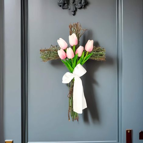 Guirlande De Porte - Guirlande De Pâques En Tulipes Artificielles - Pour Intérieur Et Extérieur Couvert - Diamètre 50 Cm - 1 Pièce (1/5)