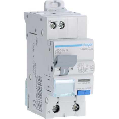 Disjoncteur Différentiel 1P+N 4.5kA C-20A 30mA type AC 60Hz - HAGER - ADC827F