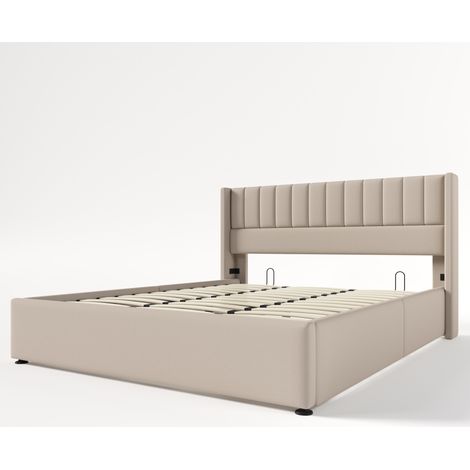 Lit coffre double rembourré hydraulique 180 x 200 cm en lin, sommier relevable, beige MODENUIT (1/5)