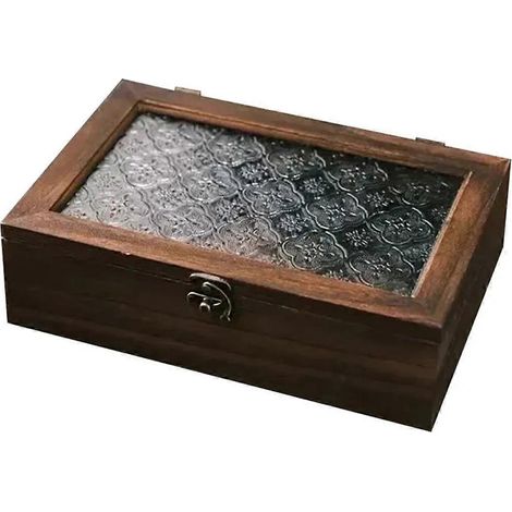 Boîte de rangement vintage en verre, armoire en bois massif, organiseur de bureau, décoration de coiffeuse, boîte de rangement rétro en bois pour petits objets L - FFY (1/4)