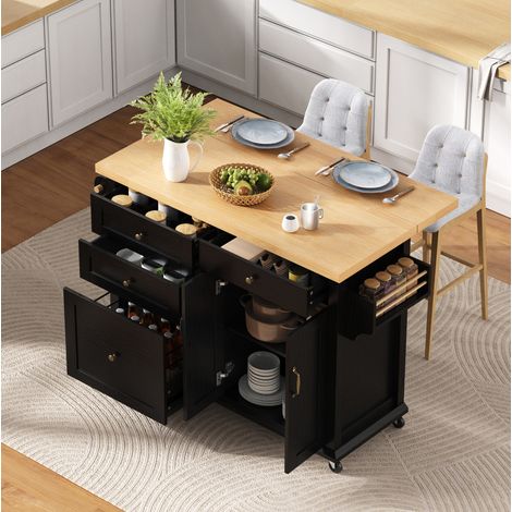 Isla de cocina móvil con mesa extensible, almacenaje y ruedas, negro y madera HAVRYA (1/5)