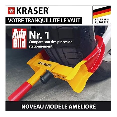 KRASER WA820 Antivol Voiture Sabot Roue, N1 Allemagne, Haute Sécurité Serrure Anti-Perçace, Antivol Caravane Visible Dissuasif, Blocage Anti vol Universel Réglable 18-29 cm Auto, Camping Car, Remorque (1/4)