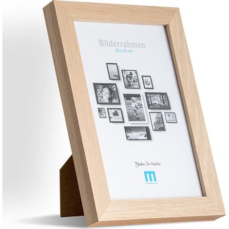 Cadre photo moderne en MDF naturel pour photos de 10x15 cm avec protection en verre acrylique, support de table ou pour le mur, format portrait ou paysage. (1/4)
