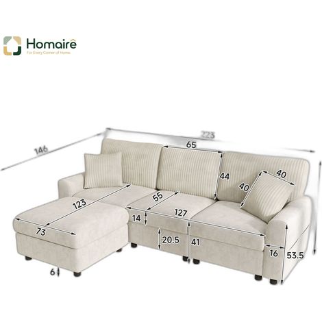 Canapé en velours côtelé beige avec port USB 223 x 146 x 84 cm HOMAIRE (1/5)