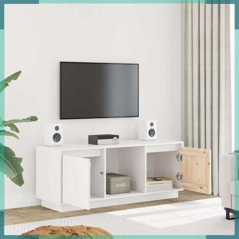 Meuble TV - 814340 - Blanc - Bois de pin massif - 110,5 x 35 x 44 cm (1/5)