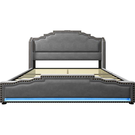 Cama canapé 140x200 gris en terciopelo con 4 cajones, LED y puertos USB Tipo-C con colchón (1/5)