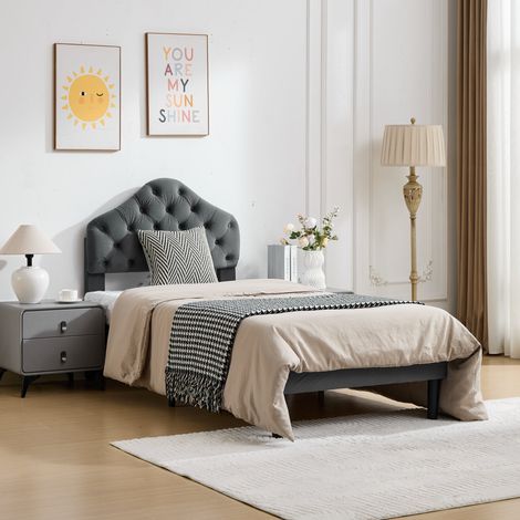 Bett Chenille Grau 90x200 cm mit verstellbarem Kopfteil und Lattenrost