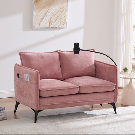 Sofá Recto 2 Plazas en Chenilla con Soporte para Teléfono Ajustable y Bolsillos Laterales, Diseño Ergonómico, Rosa