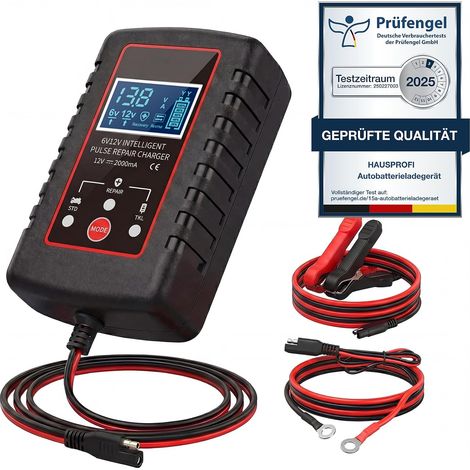 Chargeur de batterie de voiture 2 A 12 V/6 V pour voiture et moto, chargeur de batterie de voiture 12 V, chargeur de maintien avec désulfateur, démarrage à partir de 0,3 V, test gel, pour (1/5)