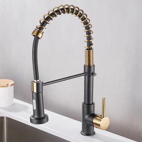 Mitigeur de cuisine avec douchette pivotante à 360° - Robinet d'évier LED noir doré (1/5)