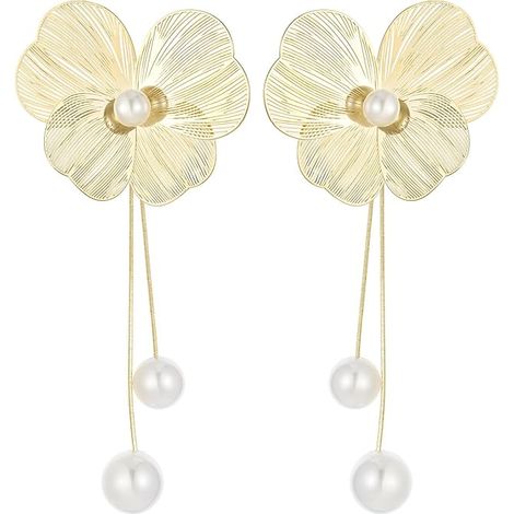 Boucles d'oreilles fleuries pour femme : Puces d'oreilles pendantes longues en argent sterling 925 avec grosse perle de 13 mm, style bohème unique, idéales pour les oreilles sensibles, hypoallergéniqu (1/5)