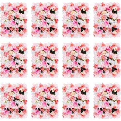 Lot de 12 panneaux floraux artificiels, décoration murale florale, mur de fleurs artificiel, fond photo pour mariage, cérémonie, événement et fête - 40x60 cm, blanc, rose (1/5)