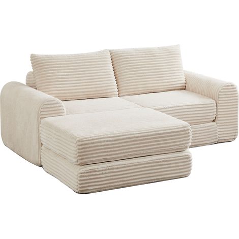 Canapé convertible 2 places en tissu velours côtelé, coussins inclus, accoudoirs galbés, repose-jambes amovible, configuration flexible. (1/5)