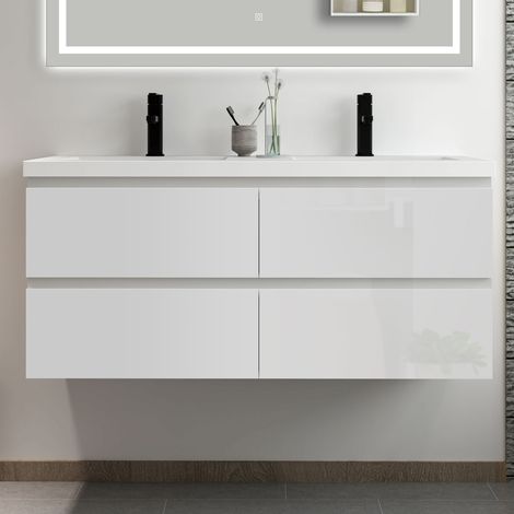 Océan Meuble salle de bain 120cm blanc brillant avec 4 tiroirs à fermeture automatique et double lavabo (1/5)