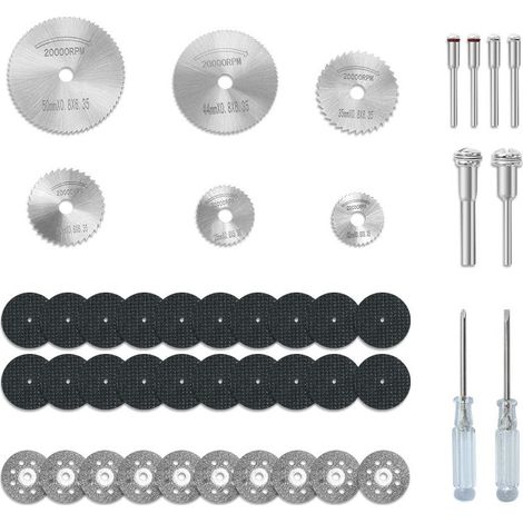 Set bestehend aus 44 kunststoffkompatiblen Trennscheiben für Rotationswerkzeuge, 6 HSS-Kreissägeblättern, 20 Harztrennscheiben, 10 Diamanttrennscheiben mit 2 Schraubendrehern.