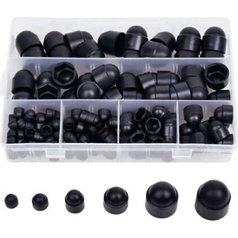 Coffret de rangement de 145 pièces comprenant des cache-écrous hexagonaux en caoutchouc, des capuchons de vis et des écrous en plastique noirs (M4, M5, M6, M8, M10, M12). (1/5)