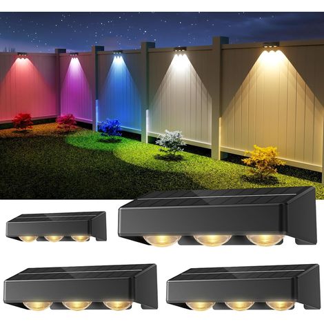 Applique Solaire Extérieur, Lot de 4, Applique Murale Solaire 9 Couleurs (Blanc Chaud + RGB), 3 Lentilles, IP65 Étanche, Auto On/Off, Lampe Solaire pour Clôture Jardin (1/5)