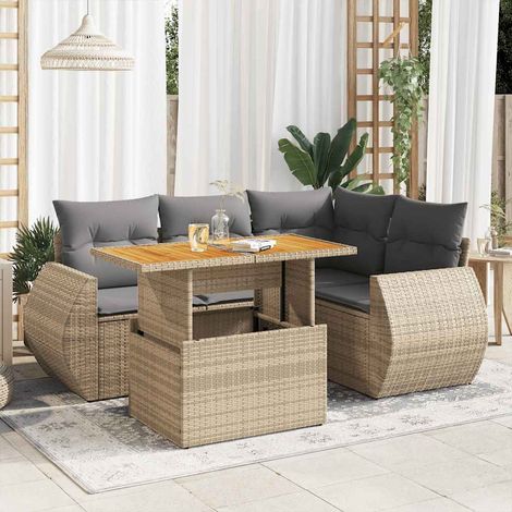 5-tlg. Garten-Sofagarnitur mit Kissen Beige Poly Rattan (1/5)