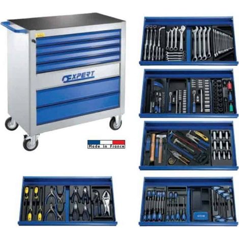 Facom – Servante d'atelier roulante 7 tiroirs – 250 outils – Plan de travail ABS amovible – Ouverture tiroirs 100% – 4 roues dont 1 frein