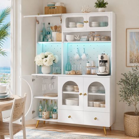 Buffet haut 120x40x176 cm en MDF et verre blanc, LED et prises, gain de place pour cuisine – MEUBLIV (1/5)