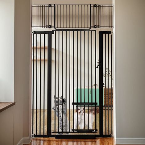 180cm Extra hohes Katzengitter,Hundegitter Breite 75-103cm, mit Katzentür, Kinder Türschutzgitter, Indoor Durchgangsgitter, Schwarz