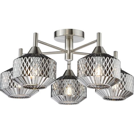 Dar Fabrienne Plafonnier semi-encastré Fabrienne 5 lumières, finition nickel satiné et verre fumé (1/5)