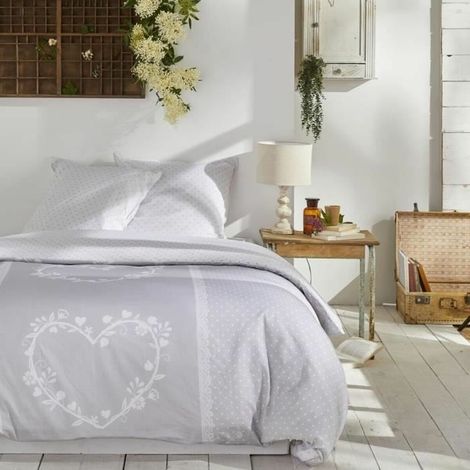 Conjunto de ropa de cama TODAY Constance funda n贸rdica 2460x240 + 2 fundas 63x63 en algod贸n 57 hilos gris claro blanco (1/3)