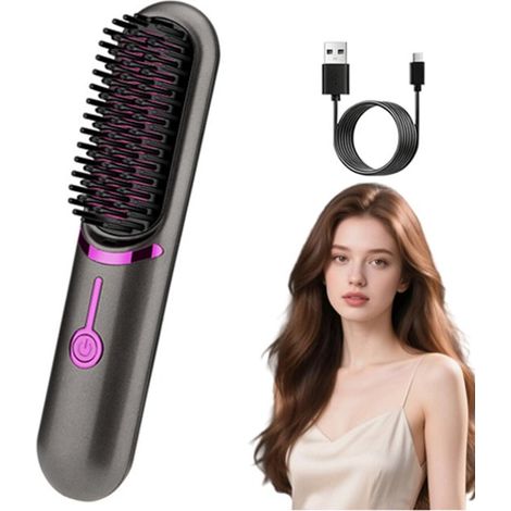 Brosse lissante sans fil en céramique, 3 réglages de chaleur, rechargeable, pour tous types de cheveux, voyage et déplacements, gris (1/5)