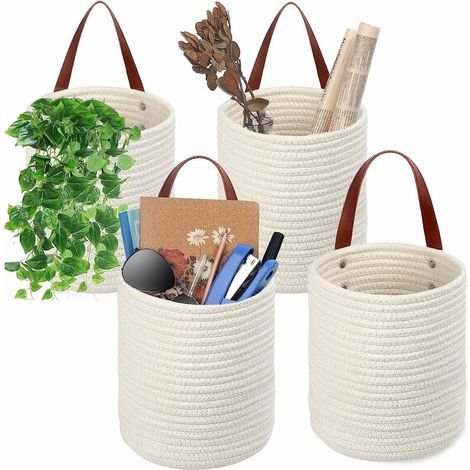 royaluxe - Paquet de 4 paniers suspendus Panier mural 7,9 x 6,7 Petits paniers de rangement tissés Rangement suspendu en corde avec poignées en cuir Petits paniers décoratifs Organisateur pour plantes (1/5)