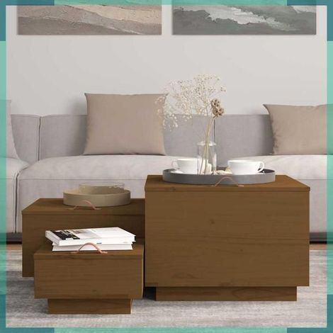Boîtes de rangement avec couvercles - 818248 - bois de pin massif - set 3 pcs - marron miel (1/5)