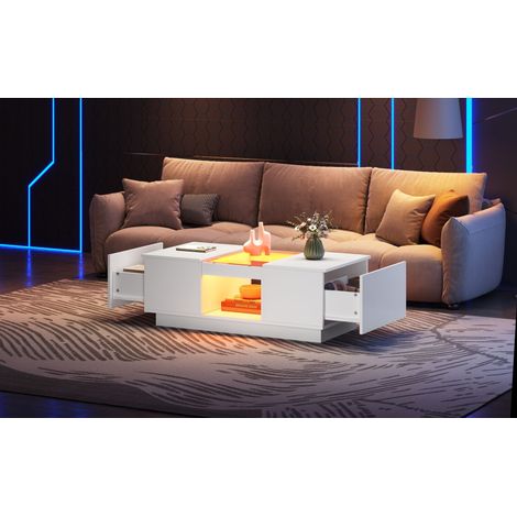 Mesa de centro 100x50x35,5 cm, LED, control mediante app, 2 cajones, 1 compartimento abierto, color blanco (1/5)