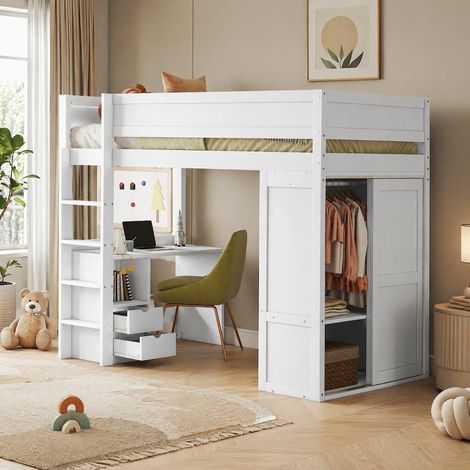 Lit mezzanine enfant 90x200 cm en bois blanc avec bureau, rangements, sans matelas – MEUBLIV (1/5)
