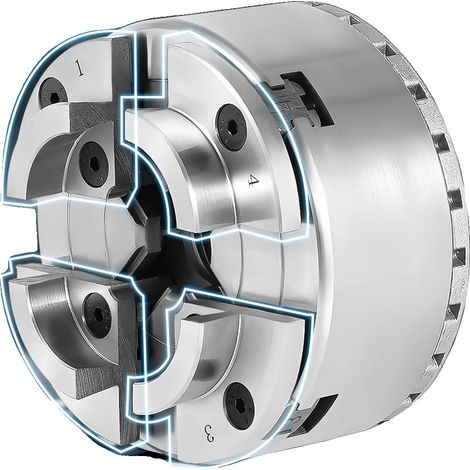 Mandril autocentrante, rotación a 3000 rpm, compatibilidad versátil, color plata, 4 mordazas. (1/2)