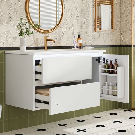 VVBV Meuble vasque de salle de bain, suspendu, vasque en céramique intégrée, éclairage LED à capteur, tiroirs (1/5)