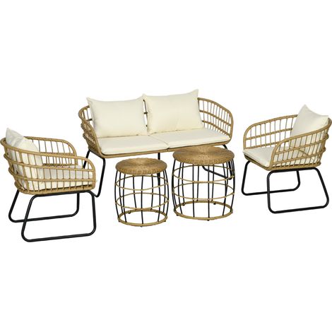 Outsunny 5 tlg. Rattan Gartenmöbel-Set, Sitzgruppe mit Kissen, Gartengarnitur mit 2 Couchtischen, 2 Sesseln, 1 Doppelsofa, Sitzgarnitur für Garten, Terrasse, Stahl, Beige (1/5)