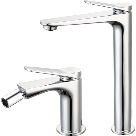 Set rubinetti lavabo alto e bidet in ottone cromo con piletta click clack linea Sound (1/5)