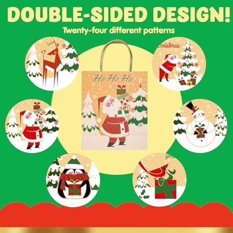 Lot de 24 sacs cadeaux kraft de Noël avec motifs assortis, parfaits pour les fêtes, les fournitures scolaires et les soirées. (1/4)