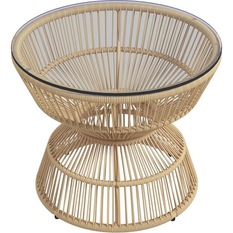 Beistelltisch Rattan Ø60 cm Couchtisch Gartentisch mit Hartglas Tischplatte im Boho-Design, Kaffeetisch aus Naturholz (1/5)
