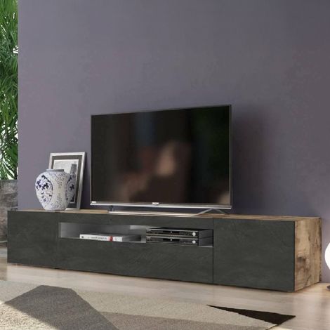 Dmora Mueble para TV para sala de estar, Made in Italy, Mueble para TV con 3 puertas y estantes, cm 200x40h37, color arce y pizarra, con embalaje reforzado (1/4)